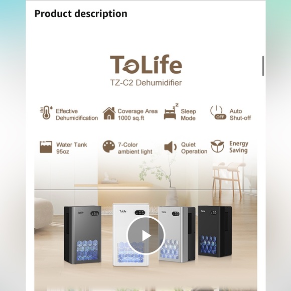 ToLife TZ-C2 Dehumidifiers (950 sq.ft) , 95oz.Tank, 7 Colors LED Light, NIB - Picture 11 of 16